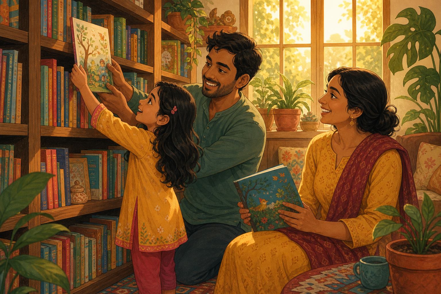 Family sharing picture books in a warm home library